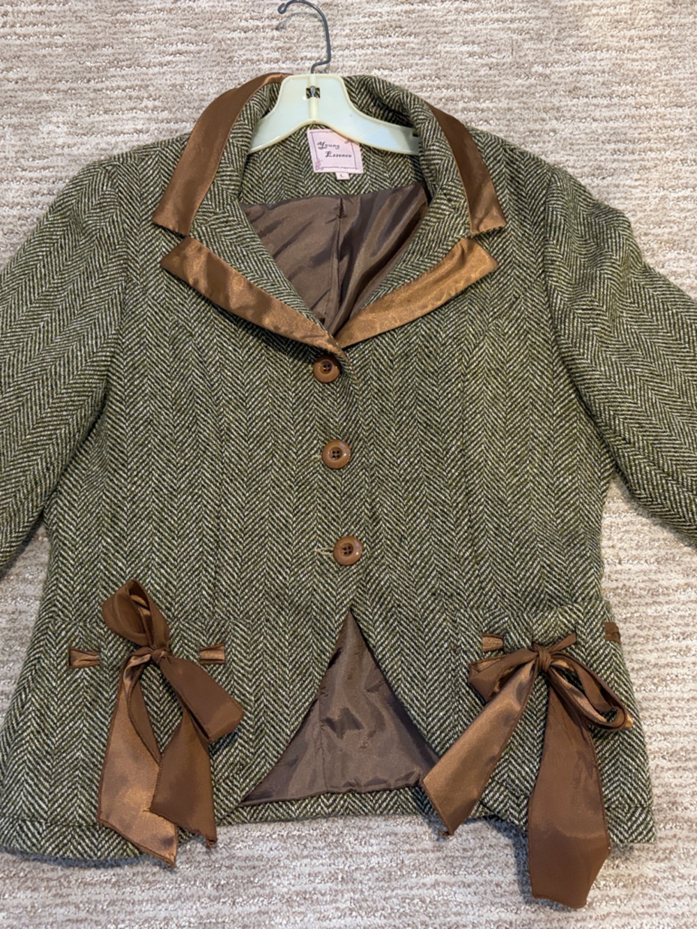 Young Essence Green Herringbone Blazer with Brown Satin Trim